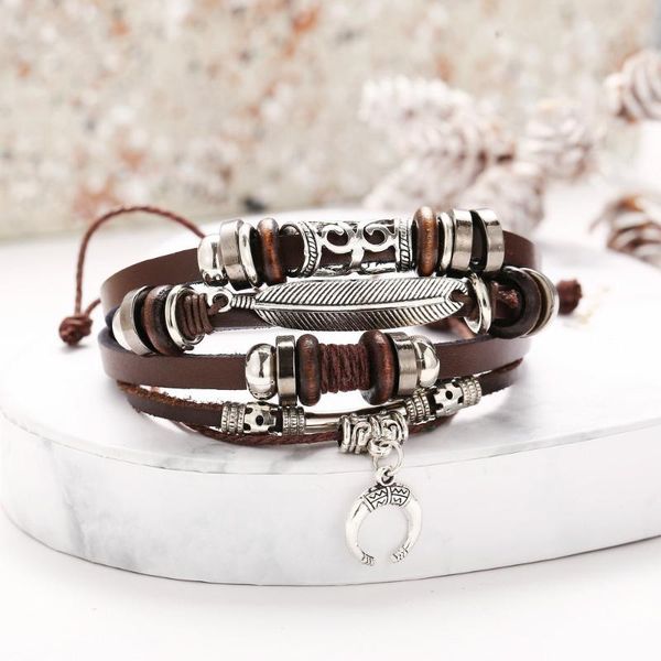 link, chain multilayer feather crescent pendant faux leather bracelet adjustable vintage punk hollow men's bangle jewelry, Black
link, chain multilayer feather crescent pendant faux leather bracelet adjustable vintage punk hollow men's bangle jewelry, Black