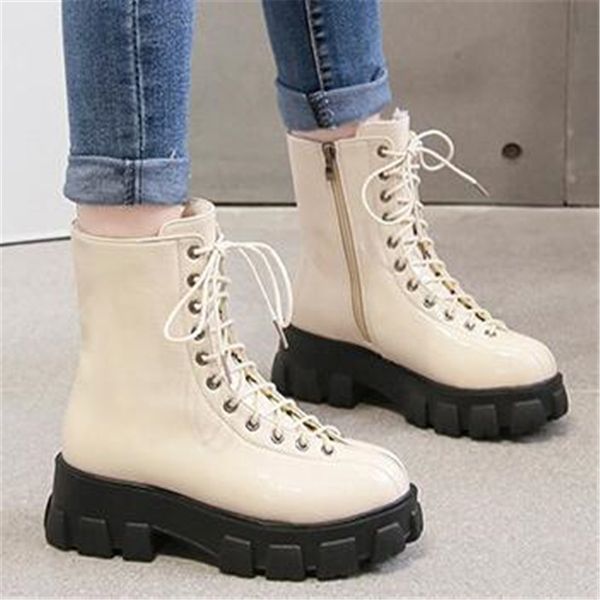 women's patent leather warm plush motorcycle boots autumn winter fashion thick platform lace up ankle boots female chunky shoes, Black
women's patent leather warm plush motorcycle boots autumn winter fashion thick platform lace up ankle boots female chunky shoes, Black