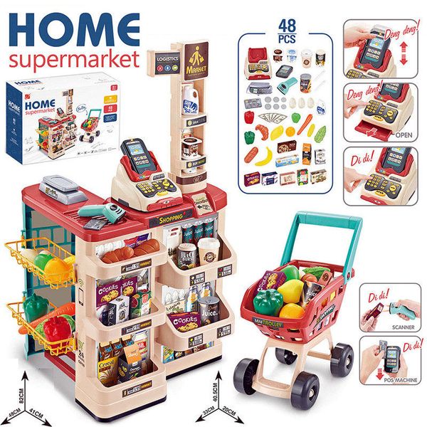 Kids Store Supermarket Shopping Cart Cash Register Vegetables Food Play Set Shop Toys For Children Girls Games Dress Up Games Playing House