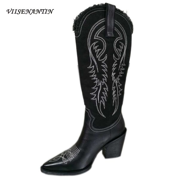 leather embroidery boots trendy women's thick-heeled pointed western cowboy boots mid-heeled high-knight, Black
leather embroidery boots trendy women's thick-heeled pointed western cowboy boots mid-heeled high-knight, Black