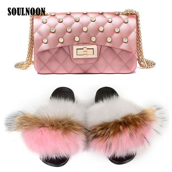 women furry slides real fur slippers jelly purse luxury fluffy home slippers fashion plush fur flip flops woman shoulder bag, Black
