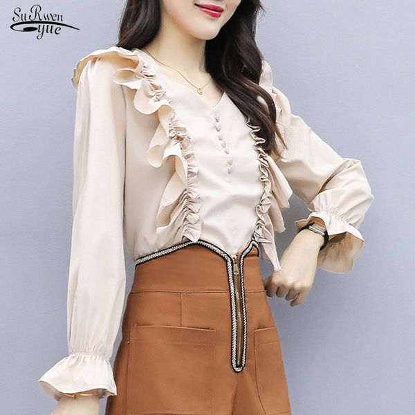 autumn new elegant front buttons ruffles female blouse vintage v-neck flare sleeve chiffon blouse women shirt blusas mujer 10911, White
autumn new elegant front buttons ruffles female blouse vintage v-neck flare sleeve chiffon blouse women shirt blusas mujer 10911, White