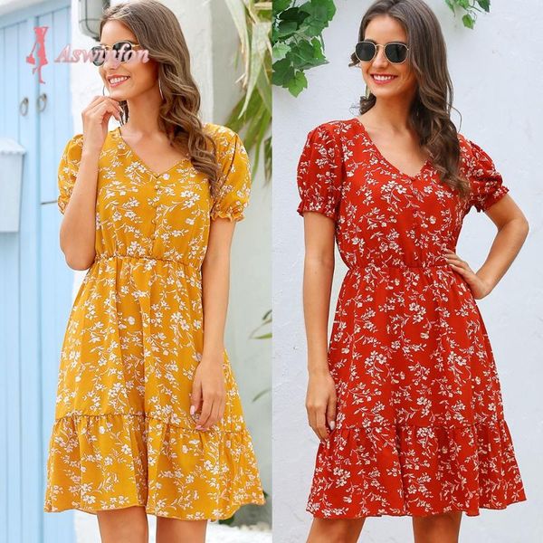 casual dresses aswinfon chiffon printed midi dress v-neck hem ruffled button short puff sleeve elastic waist women flower sundress, Black;gray
casual dresses aswinfon chiffon printed midi dress v-neck hem ruffled button short puff sleeve elastic waist women flower sundress, Black;gray