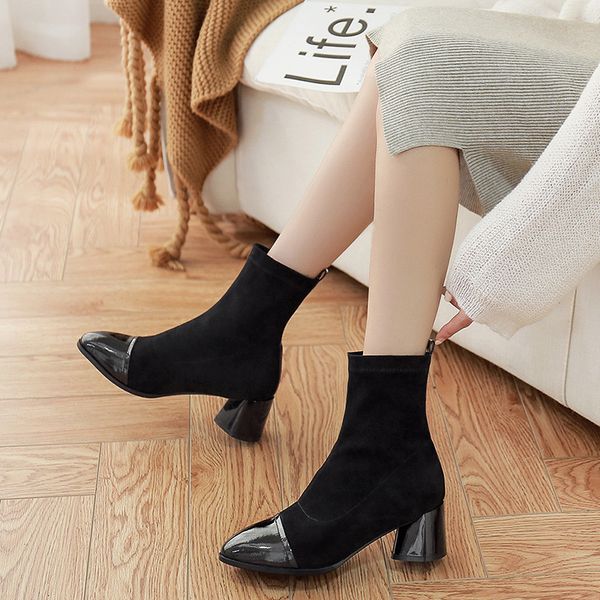 women's pointed toe platform high heel boots for women flock hoof heels shoes woman slip on solid winter boots footwear, Black
women's pointed toe platform high heel boots for women flock hoof heels shoes woman slip on solid winter boots footwear, Black