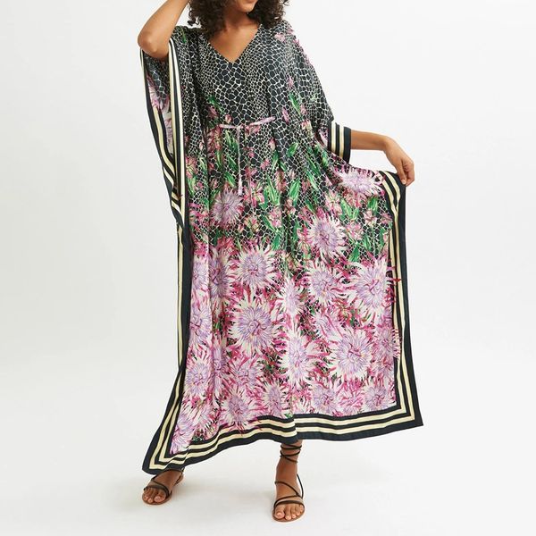 women maxi dress floral print tunics split long robe v neck summer wrap, Black;gray
women maxi dress floral print tunics split long robe v neck summer wrap, Black;gray