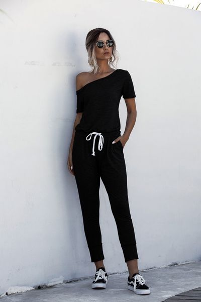 women's jumpsuits crewneck one off shoulder short sleeve drawsting waist skinny long pants summer casual romper jumpsuit with pockets, Black;white
women's jumpsuits crewneck one off shoulder short sleeve drawsting waist skinny long pants summer casual romper jumpsuit with pockets, Black;white