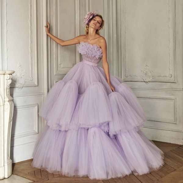 2021 lavender strapless prom dresses ruffles tiered tulle floor length elegant evening gowns custom made vestidos longo, Black
2021 lavender strapless prom dresses ruffles tiered tulle floor length elegant evening gowns custom made vestidos longo, Black