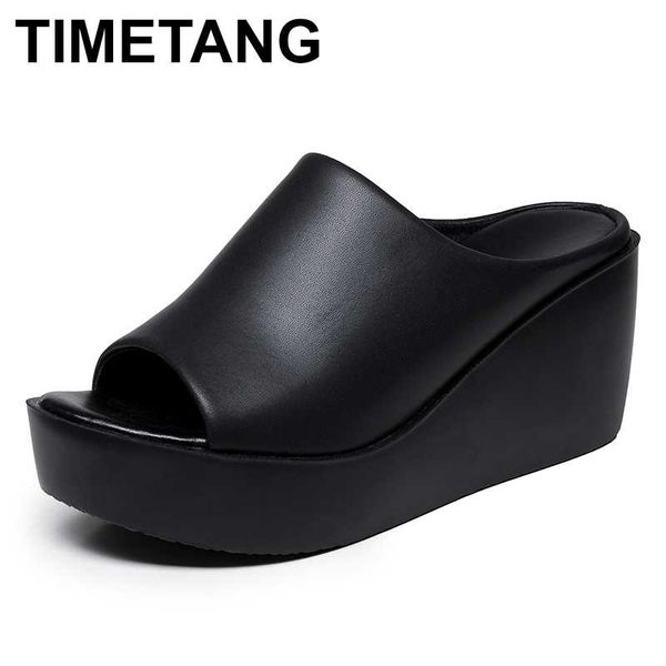 slippers timetangwomen summer female fashion wedge slipper mother non-slip genuine leather women sandals size 35-40, Black