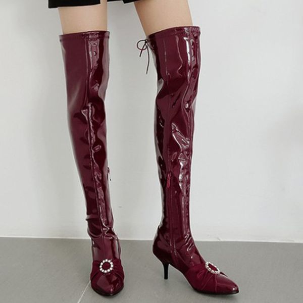 reflective leather upper women thigh high boots thin heel over knee high booties lady fashion side half-zip winter dress boots, Black
reflective leather upper women thigh high boots thin heel over knee high booties lady fashion side half-zip winter dress boots, Black