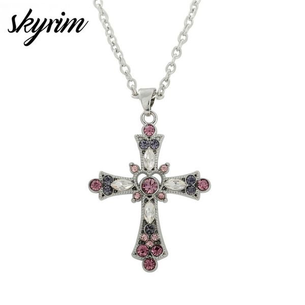 skyrim exquisite rhinestone cross charm pendant necklace purple and pink crystal necklaces for girl prayer/amulet gift, Silver 
skyrim exquisite rhinestone cross charm pendant necklace purple and pink crystal necklaces for girl prayer/amulet gift, Silver