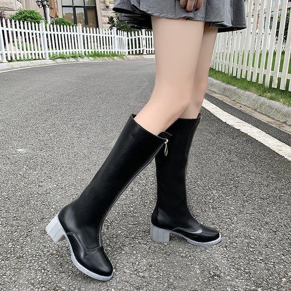 autumn fashion boots 2020 new boots zipper women round toe square heel patent leather black women's shoes size 35-39