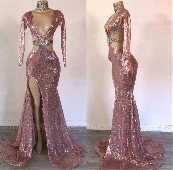 sparkling rose gold long sleeves mermaid split prom dresses 2020 deep v neck beaded evening gowns applique formal party dresses bc3297, Black
sparkling rose gold long sleeves mermaid split prom dresses 2020 deep v neck beaded evening gowns applique formal party dresses bc3297, Black
