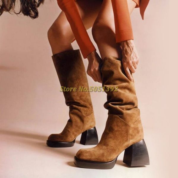 2020 suede block heel platform boots square toe slouch leather knee high chunky heel women boots new arrivals shoes, Black 
2020 suede block heel platform boots square toe slouch leather knee high chunky heel women boots new arrivals shoes, Black