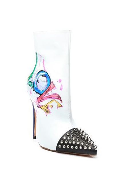 graffiti leather rivets short boots female painted metal decorative stiletto heel pointed toe single boots, Black
graffiti leather rivets short boots female painted metal decorative stiletto heel pointed toe single boots, Black