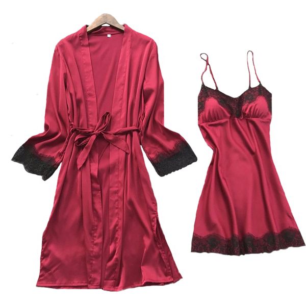 women twinset robe set summer sleepwear home clothes lace trim kimono bathrobe gown satin nightgown nightdress nightwear, Black;red
women twinset robe set summer sleepwear home clothes lace trim kimono bathrobe gown satin nightgown nightdress nightwear, Black;red