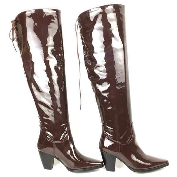 boots women's square toe over the knee thigh heel ankle zipper tied brown patent leather ladies winter long, Black
boots women's square toe over the knee thigh heel ankle zipper tied brown patent leather ladies winter long, Black