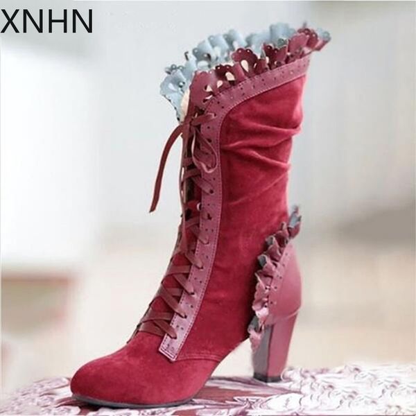 women's mid calf boots ladies lace up high heels female shoes woman ruffle flock retro boots women elegant footwear, Black
women's mid calf boots ladies lace up high heels female shoes woman ruffle flock retro boots women elegant footwear, Black