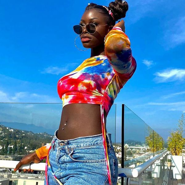 women t shirt dye print long sleeve cropped tshirt casual stretch t-shirt summer and spring side collar navel exposed, White
women t shirt dye print long sleeve cropped tshirt casual stretch t-shirt summer and spring side collar navel exposed, White