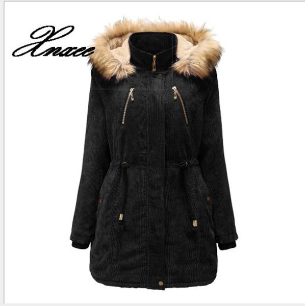 women's winter overcoat hooded plus velvet corduroy overcoat cotton-padded coat thick warm sashes fur hooded button outwear, Black
women's winter overcoat hooded plus velvet corduroy overcoat cotton-padded coat thick warm sashes fur hooded button outwear, Black