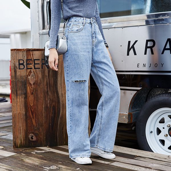 #3164 autumn high waist boyfriend jeans women with holes korean style full length straight wide leg jeans ladies light blue
#3164 autumn high waist boyfriend jeans women with holes korean style full length straight wide leg jeans ladies light blue