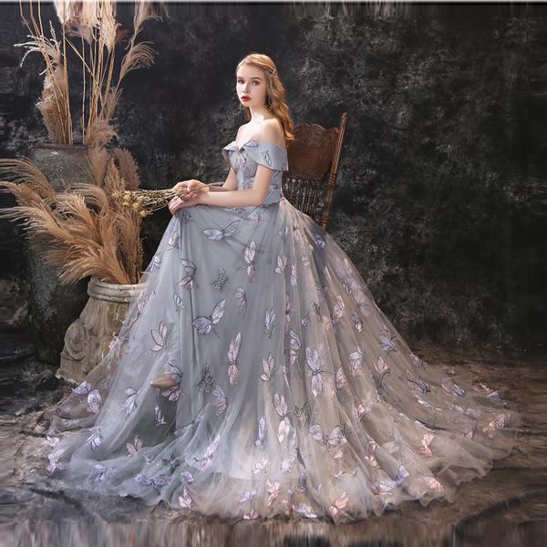 real images grey prom dresses off the shoulder robe de soiree dragonfly embroidery long eveing dress in stock party gowns, Black
real images grey prom dresses off the shoulder robe de soiree dragonfly embroidery long eveing dress in stock party gowns, Black