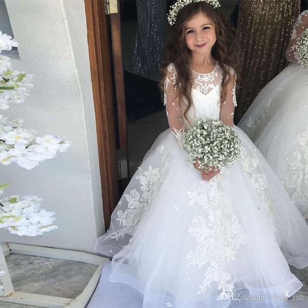 

New Princess Spring Flower Girls Dresses Jewel Neck Lace Appliques Illusion Long Sleeve Girls Pageant Dress Puffy Kids Cheap Wedding Dress