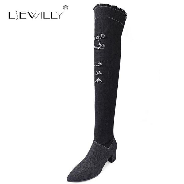 boots lsewilly denim style over the knee for women shoes pointed toe med heels long thigh high black blue s488
boots lsewilly denim style over the knee for women shoes pointed toe med heels long thigh high black blue s488
