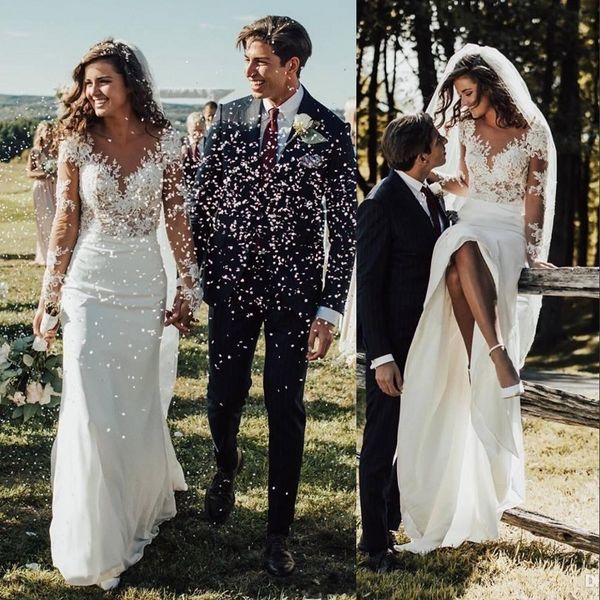 bohomian long sleeves beach a line wedding dresses jewel neck appliques lace illusion beads chiffon vestido boho formal bride dress, White
bohomian long sleeves beach a line wedding dresses jewel neck appliques lace illusion beads chiffon vestido boho formal bride dress, White