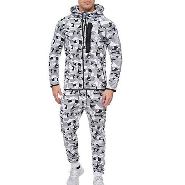 2 pieces sport tracksuit men camouflage print ropa hombre set zipper pocket hoodies jackets + pencil jogging homme casual sets, Gray 
2 pieces sport tracksuit men camouflage print ropa hombre set zipper pocket hoodies jackets + pencil jogging homme casual sets, Gray