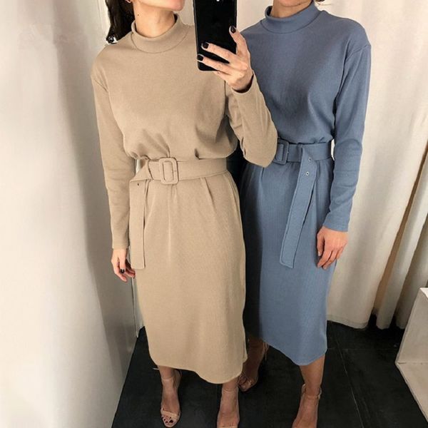warm straight dress women knitted long sleeve midi dress autumn winter chic streetwear solid belt ladies work clothing2020, Black;gray 
warm straight dress women knitted long sleeve midi dress autumn winter chic streetwear solid belt ladies work clothing2020, Black;gray