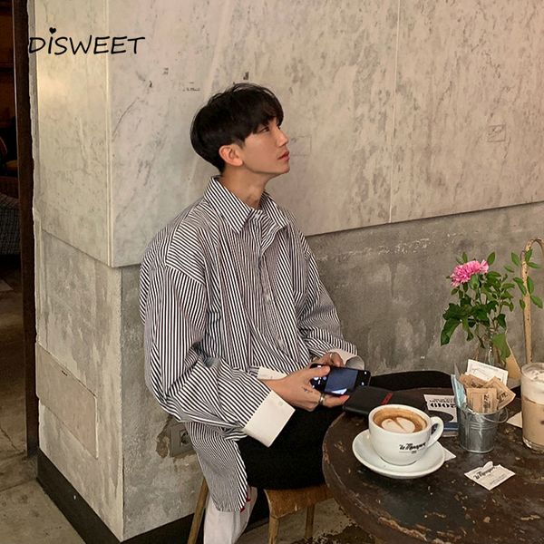 casual striped round neck shirt boy korean slim fit autumn men's loose shirt 2020, White;black 
casual striped round neck shirt boy korean slim fit autumn men's loose shirt 2020, White;black