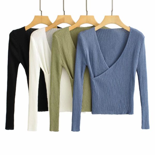 

knitted folded cross v-neck sweater women 2020 autumn new slim long-sleeved women's sweater, White