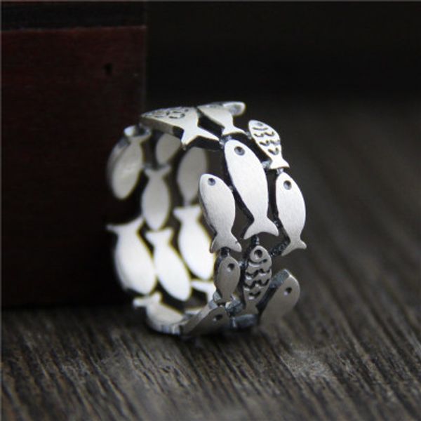 925 sterling silverthree rows hollow swimming fish ring for women antique matte processing fine jewelry, Silver
925 sterling silverthree rows hollow swimming fish ring for women antique matte processing fine jewelry, Silver