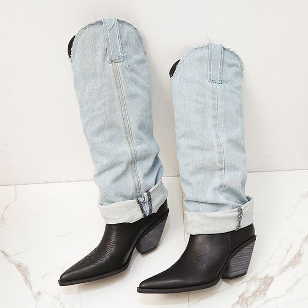women's shoes retro pointed toe sleeve ladies pu leather knee-high boots mid heel square heel women cowboy knight boots autumn, Black
women's shoes retro pointed toe sleeve ladies pu leather knee-high boots mid heel square heel women cowboy knight boots autumn, Black