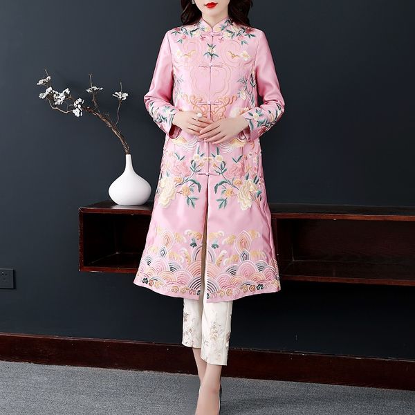 women's trench coats spring chinese style original design full flower embroidered mandarin collar plate buckle long section for women, Tan;black
women's trench coats spring chinese style original design full flower embroidered mandarin collar plate buckle long section for women, Tan;black