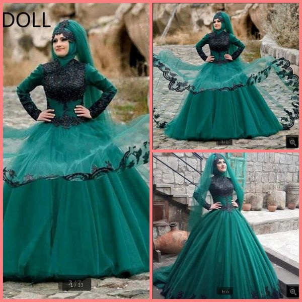 2020 dark green ball gown modest prom dresses lace appliques muslim women high neckline elegant prom gowns beaded long sleeve party dresses, Black
2020 dark green ball gown modest prom dresses lace appliques muslim women high neckline elegant prom gowns beaded long sleeve party dresses, Black