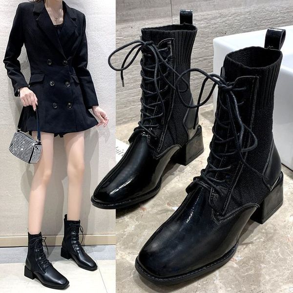 women matte&japanned leather boots lace up botas square toe chunky heels boots patchwork weaving sock botas women shoes 2020, Black
women matte&japanned leather boots lace up botas square toe chunky heels boots patchwork weaving sock botas women shoes 2020, Black