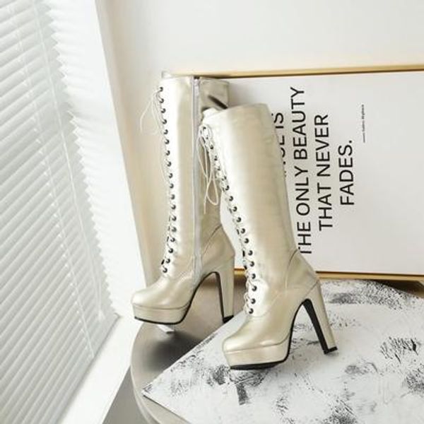new high-heel lace-up boots female british style round toe thick-heeled silver high-tube boots female, Black
new high-heel lace-up boots female british style round toe thick-heeled silver high-tube boots female, Black