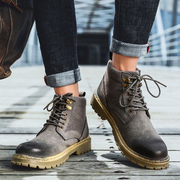 2020 boots men winter shoes autumn leather shoes leisure skid ankle boots retro men lace up sneaker casual, Black