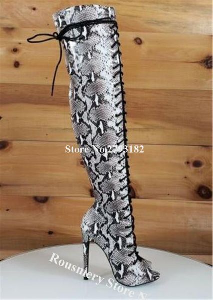 women fashion peep toe snake leather knee high stiletto heel gladiator boots lace-up long high heel boots dress heels shoes, Black
women fashion peep toe snake leather knee high stiletto heel gladiator boots lace-up long high heel boots dress heels shoes, Black