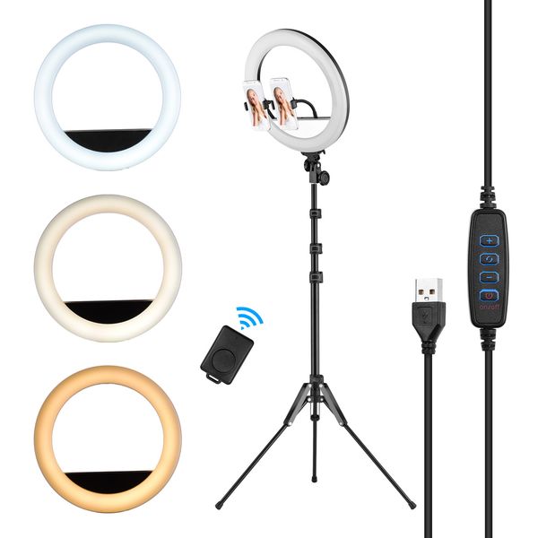 Video Led Ring Light 13w 3 Colors Dimmable 10-level Brightness Cri90 With Tripod Dual Phone Holders Remote Shutter Ring Light