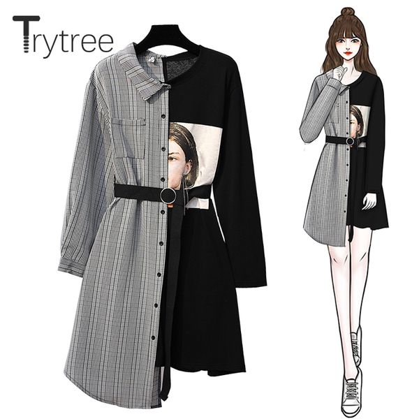 trytree 2020 autumn women dress casual button print patchwork plaid shirt dress belt asymmetrical hem straight office lady, Black;gray
trytree 2020 autumn women dress casual button print patchwork plaid shirt dress belt asymmetrical hem straight office lady, Black;gray