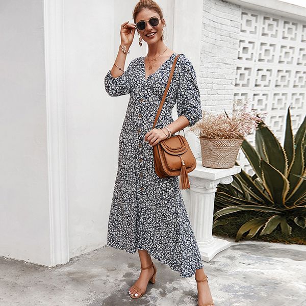 women floral print long dress boho v neck buttons 3/4 sleeves vintage summer spring holiday beach dress casual vestidos, Black;gray
women floral print long dress boho v neck buttons 3/4 sleeves vintage summer spring holiday beach dress casual vestidos, Black;gray