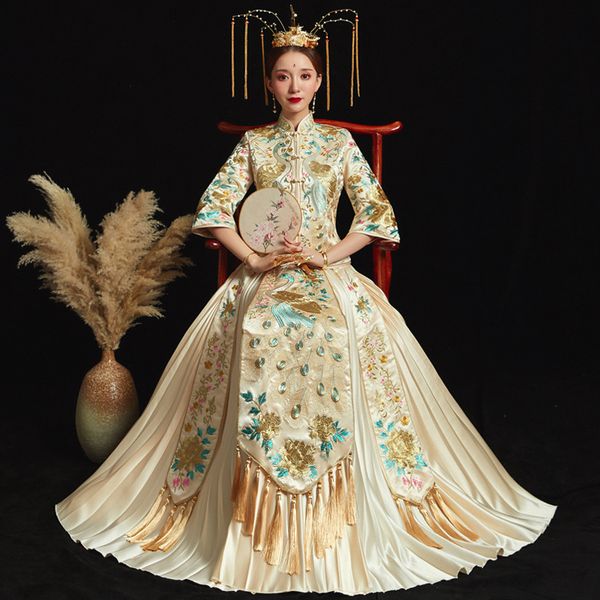 ethnic clothing beige oversize 6xl bride dress wedding retro chinese cheongsam embroidery peacock long section, Red
ethnic clothing beige oversize 6xl bride dress wedding retro chinese cheongsam embroidery peacock long section, Red