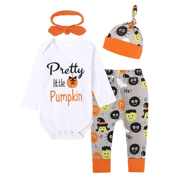 2020 fall/winter baby boys girls clothing sets children's halloween pumpkin letter romper + trousers + hat headband 4pcs suit, White 
2020 fall/winter baby boys girls clothing sets children's halloween pumpkin letter romper + trousers + hat headband 4pcs suit, White