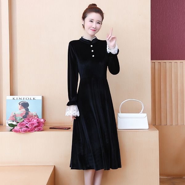 vintage women dress slim full sleeve lace false two fat pleuche waist french dresses black 9105, Black;gray
vintage women dress slim full sleeve lace false two fat pleuche waist french dresses black 9105, Black;gray