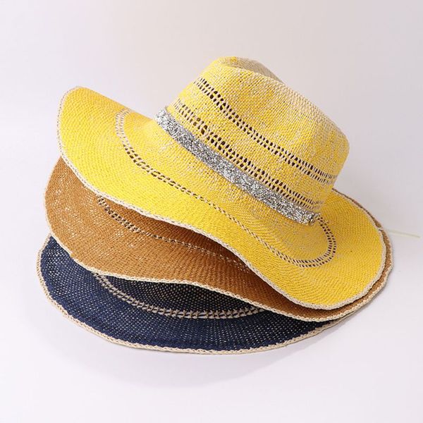 women summer straw panama fedora sun hat gradient contrast color glitter rhinestone chain uv protection travel beach cap, Blue;gray
women summer straw panama fedora sun hat gradient contrast color glitter rhinestone chain uv protection travel beach cap, Blue;gray