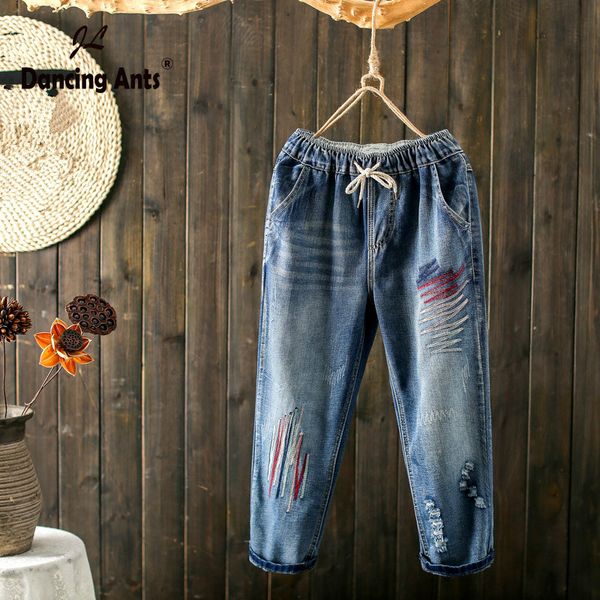 women jeans mum danim elastic waist loose harem pants pockets embroidery ankle length summer autumn jeans, Blue
women jeans mum danim elastic waist loose harem pants pockets embroidery ankle length summer autumn jeans, Blue