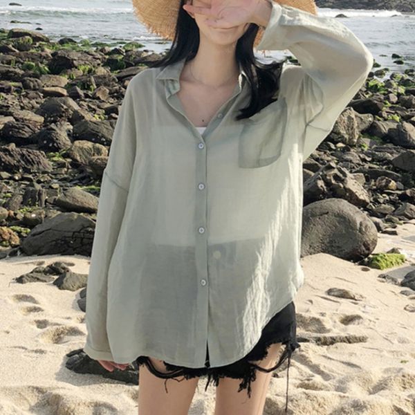 women's blouses & shirts women summer thin sunscreen pocket female long sleeve, White
women's blouses & shirts women summer thin sunscreen pocket female long sleeve, White