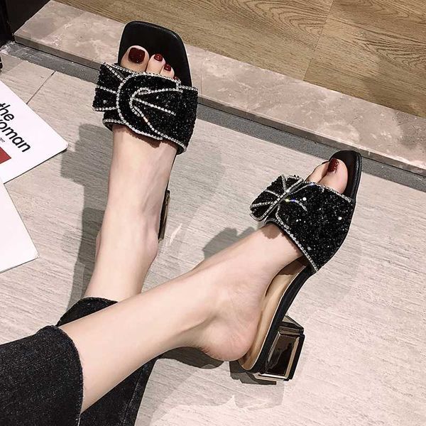 women's shoes slippers 2020 summer new fashion rhinestone chunky heels sandals, Black
women's shoes slippers 2020 summer new fashion rhinestone chunky heels sandals, Black